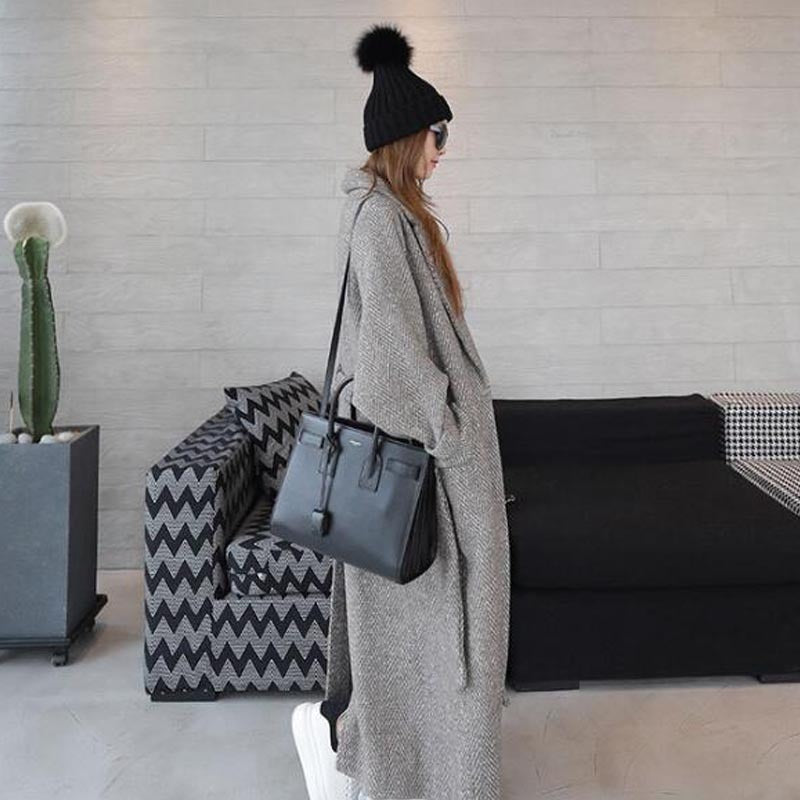 Women's Woolen Coat Long Herringbone Pattern Loose