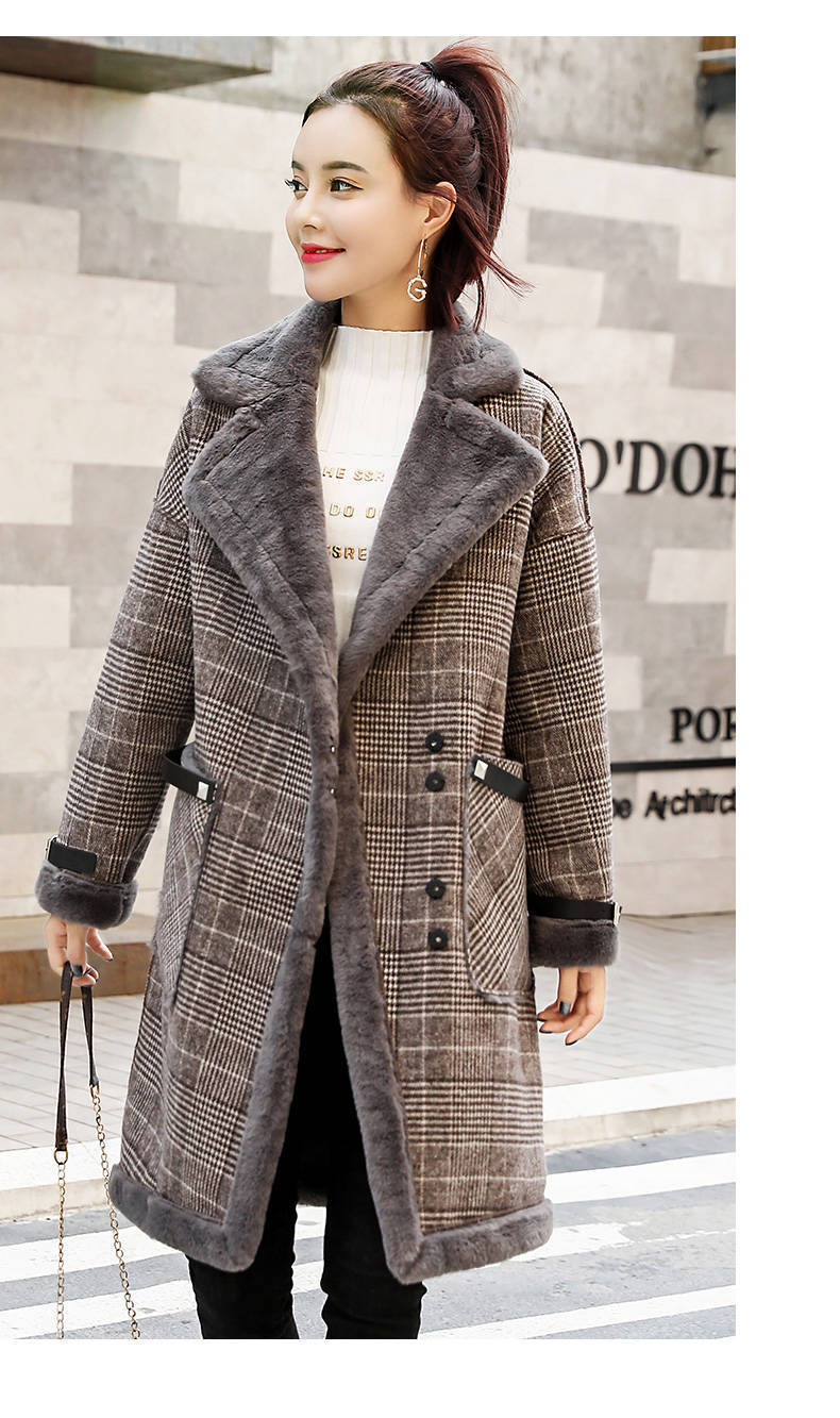 Plaid thickened mid-length faux lamb woolen coat