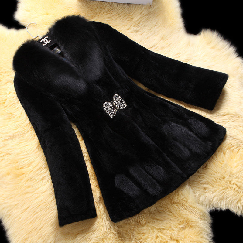 Mid-Length Fox Fur Collar Mother Coat