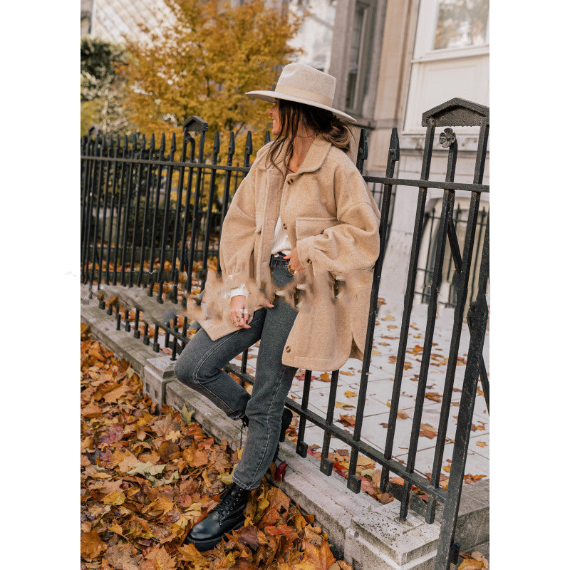 Solid color woolen coat with double pockets