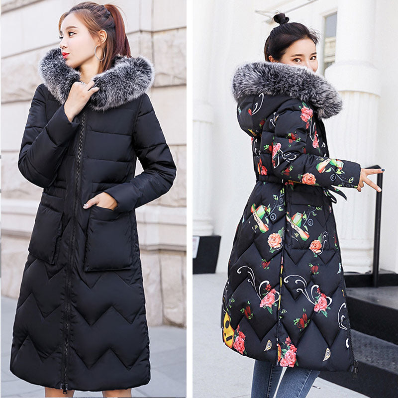 Women's long down jacket with large hairband on both sides