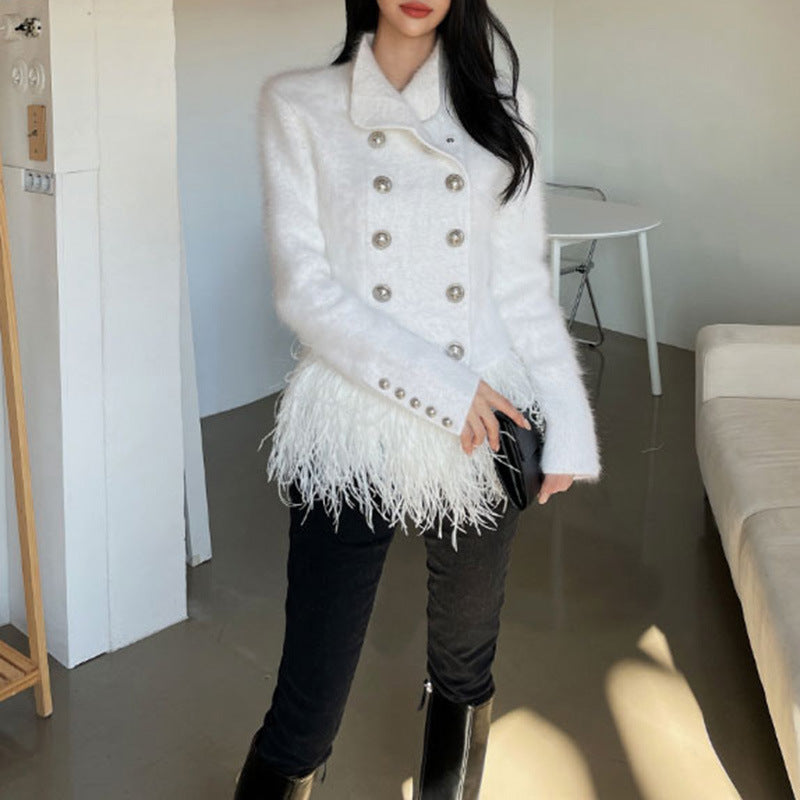Lapel Long Sleeve Slim Double Breasted Tassel Coat Women