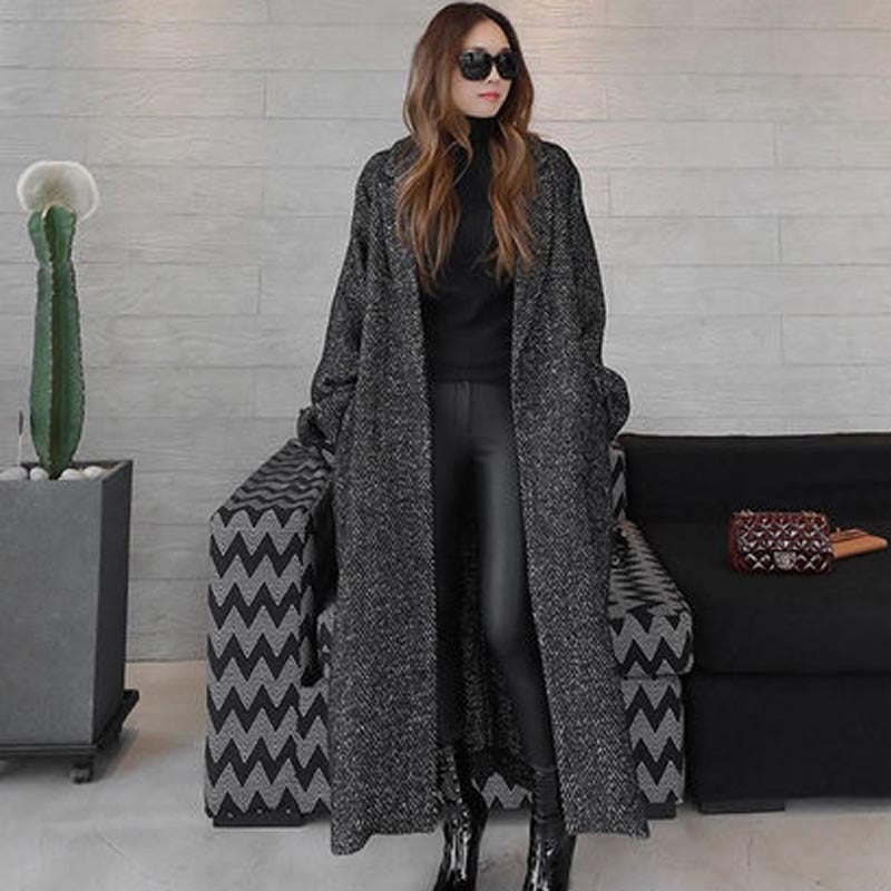 Women's Woolen Coat Long Herringbone Pattern Loose