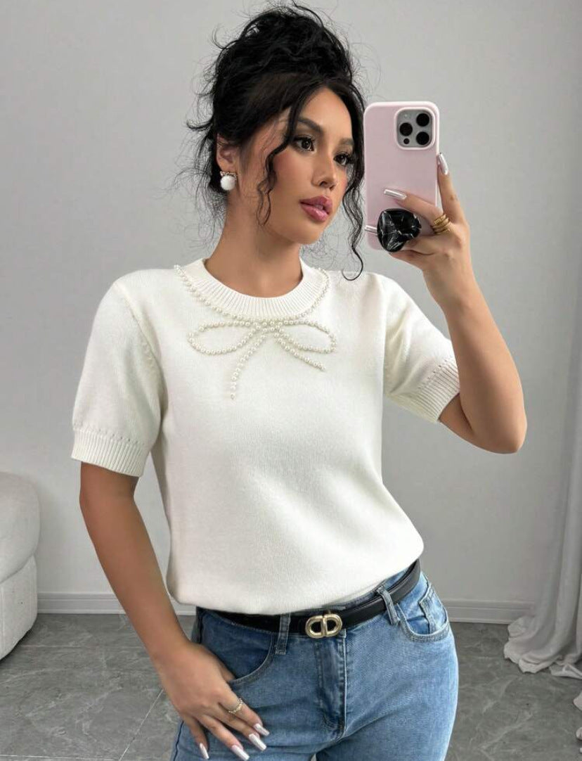 Short Sleeve Bow Rhinestone Slim Top