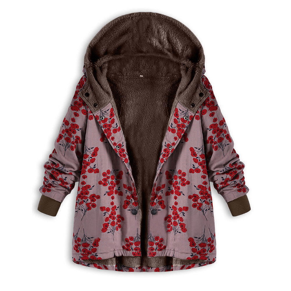 Retro flower print plus size hooded jacket top