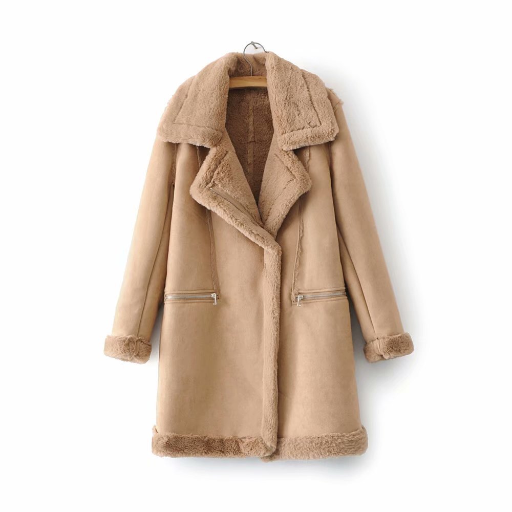 Women's Winter Suede Leather Jacket Motorcycle WomenThicken Lambswool Fur Long Leather Coat Female Warm Outerwear Womens