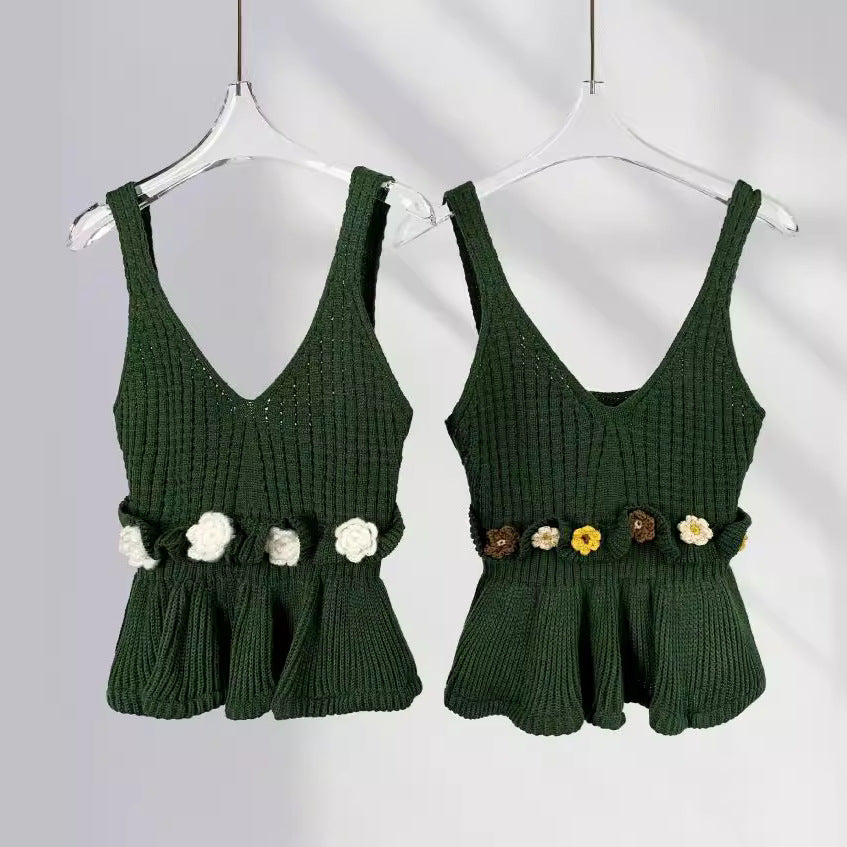 Retro French Handmade Crochet Three-dimensional Flower Top