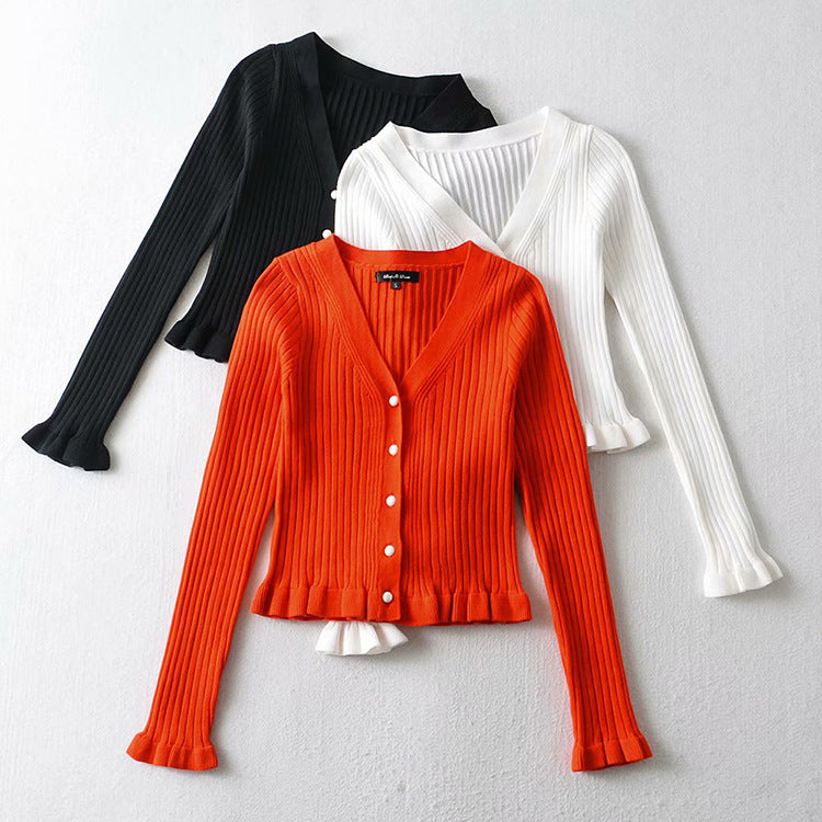 Retro V-neck Tree Fungus-like Lacework Slim Fit Slimming And Short Long Sleeve Base Knitting Cardigan Top