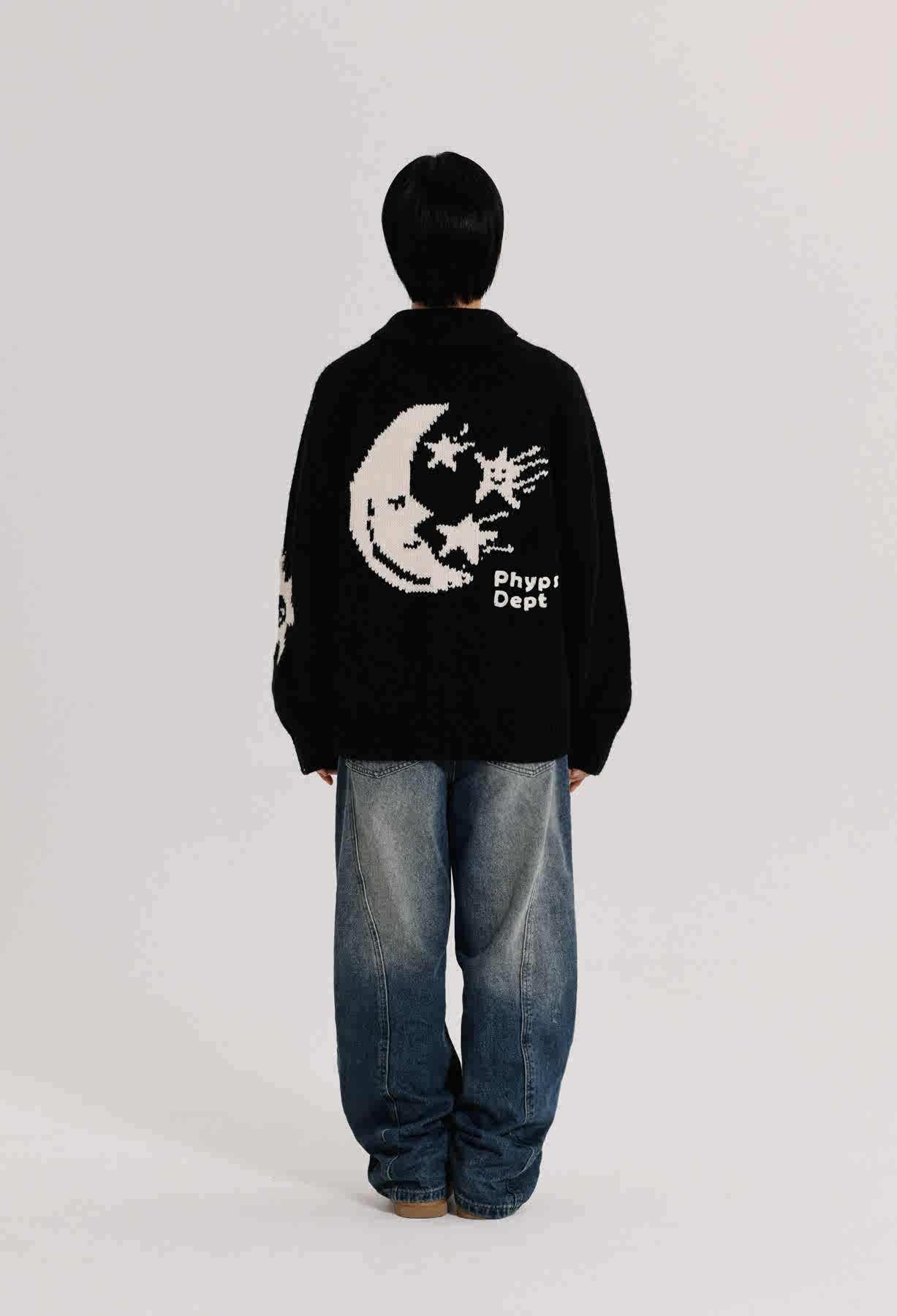 Star Moon Jacquard Lapel Zipper Knitted Cardigan Sweater
