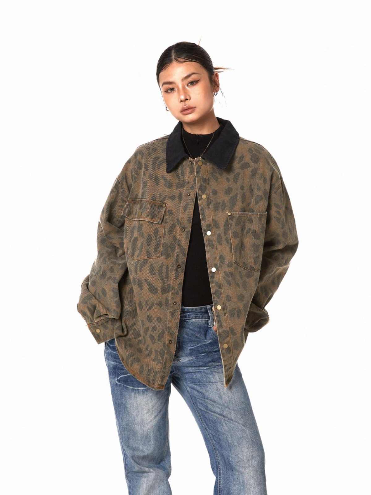 Retro Washed Leopard-print Shirt Women's Loose Distressed Coat