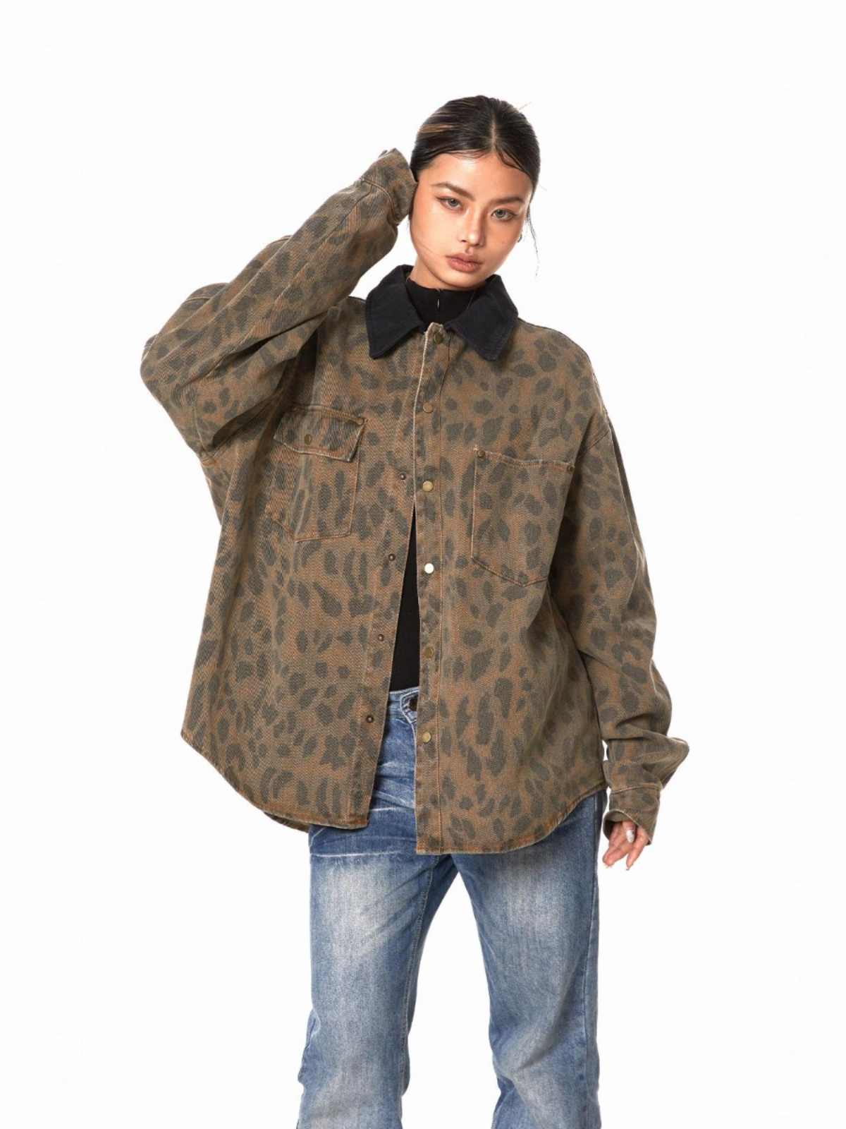 Retro Washed Leopard-print Shirt Women's Loose Distressed Coat