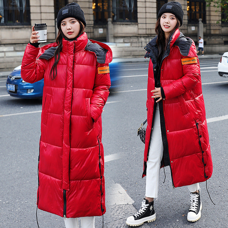 Shiny face down padded jacket women long over the knee