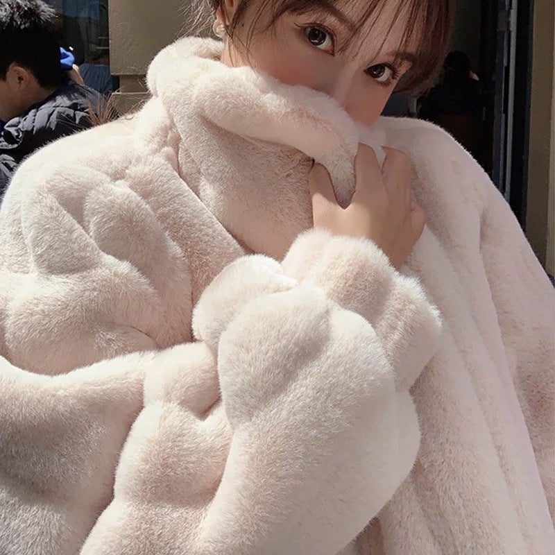 Korean small stand-up collar imitation rabbit fur coat women