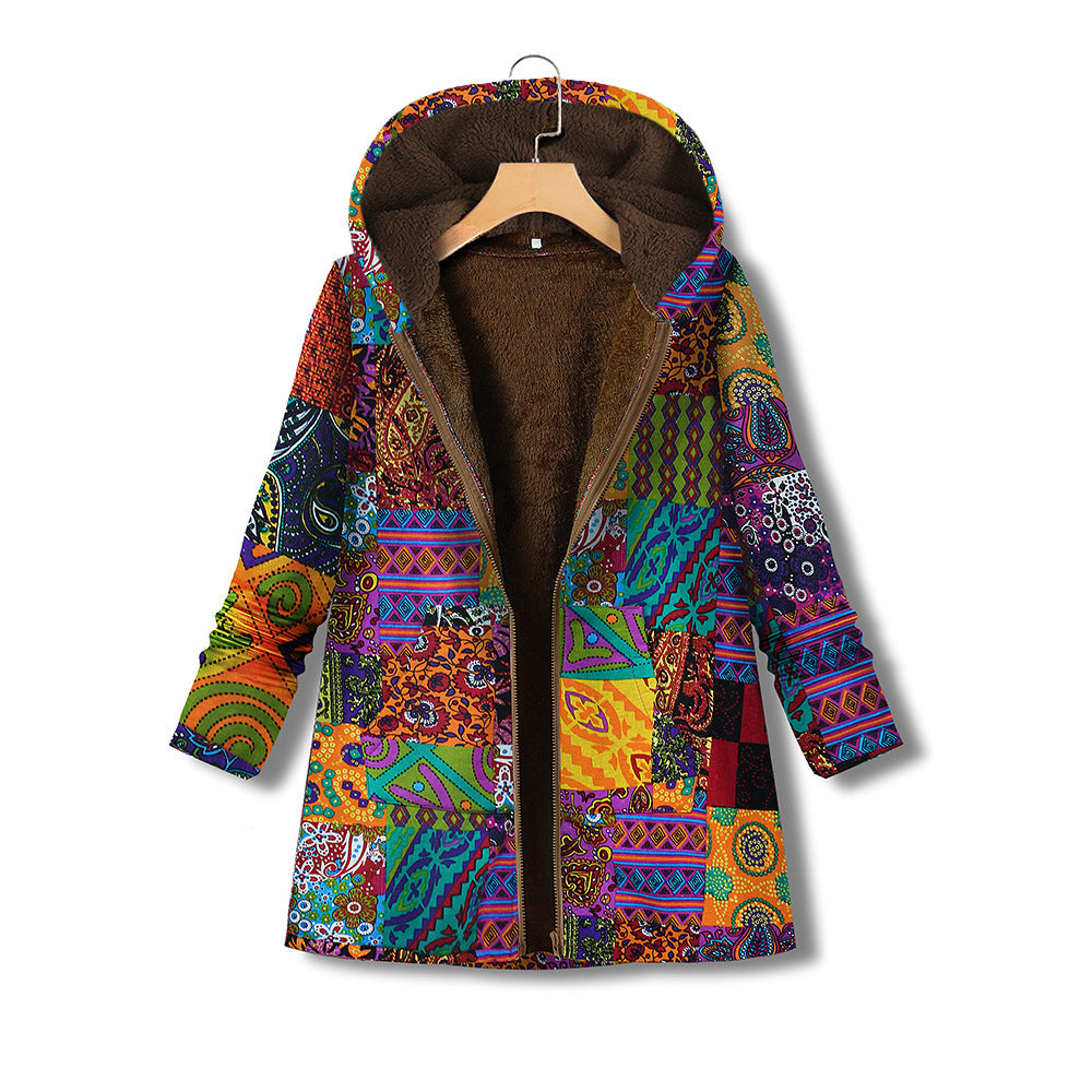 Printed cotton linen Hooded Coat zipper