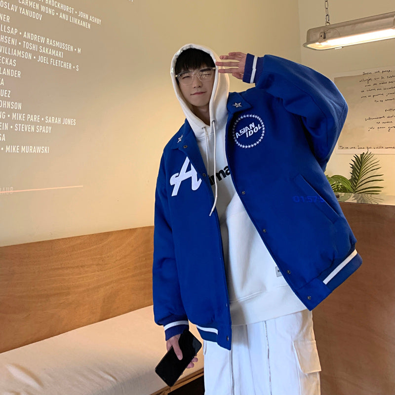 Klein Blue Baseball Uniform American Retro Design Small Lapel Embroidered Jacket