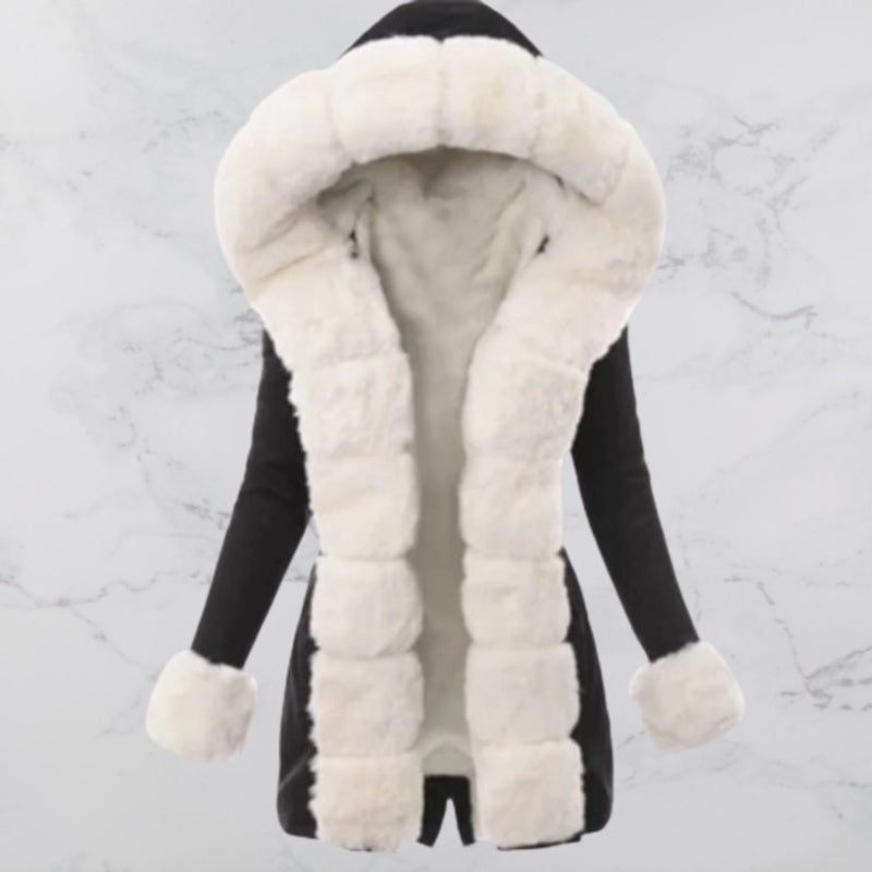 Women's warm coat with hood and woolen collar