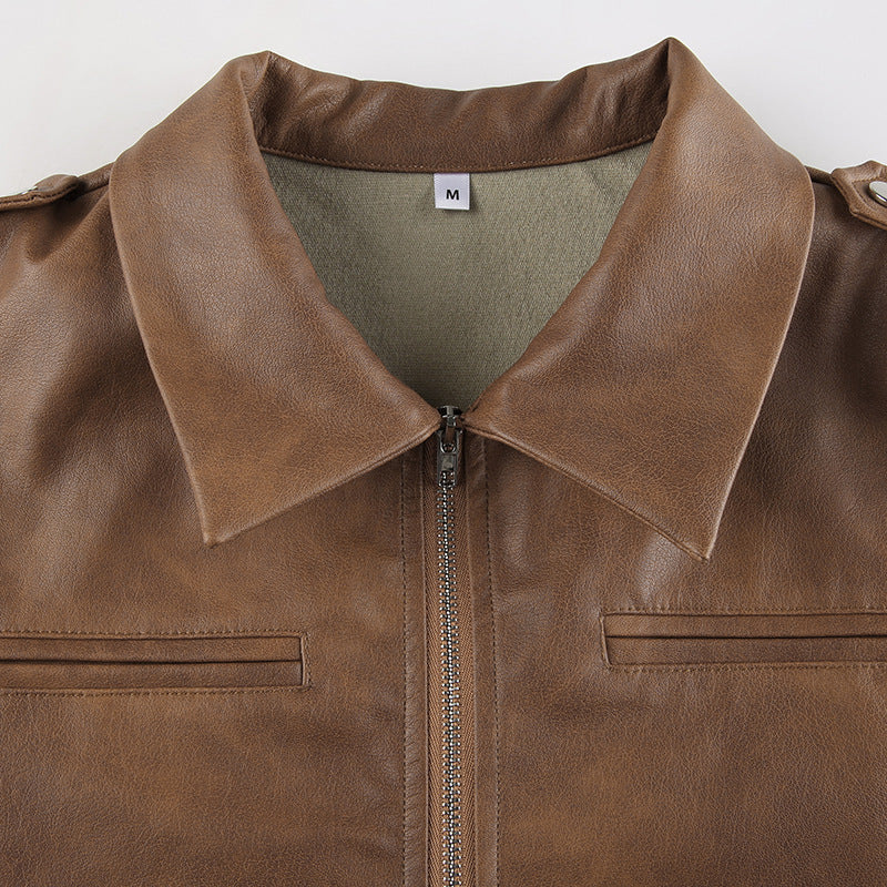 Solid Color Zipper Small Loose Lapels Fashion American Leather Coat Women's