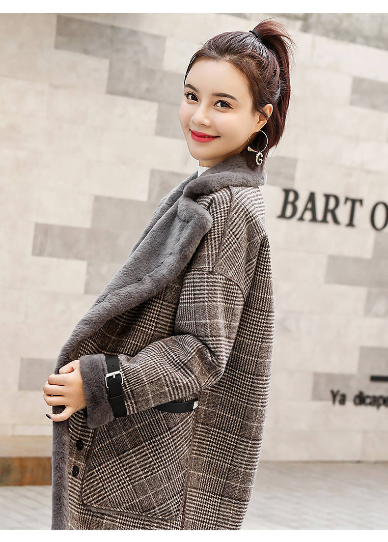 Plaid thickened mid-length faux lamb woolen coat