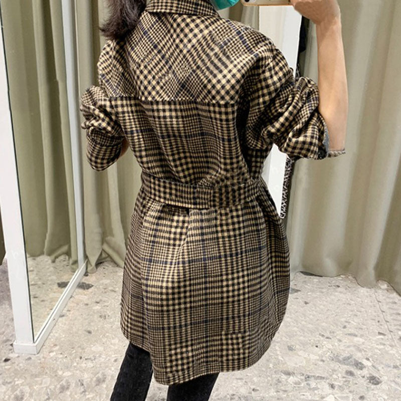 Lapel plaid lace woolen coat