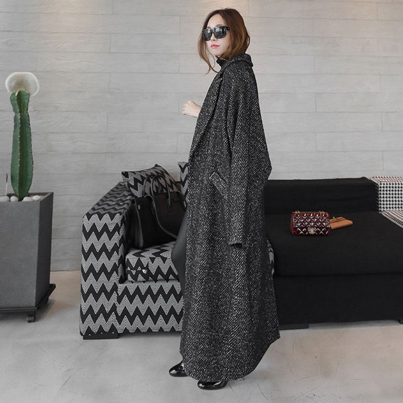 Women's Woolen Coat Long Herringbone Pattern Loose