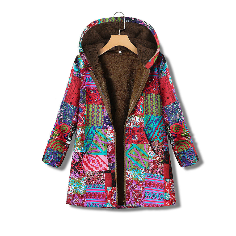 Printed cotton linen Hooded Coat zipper