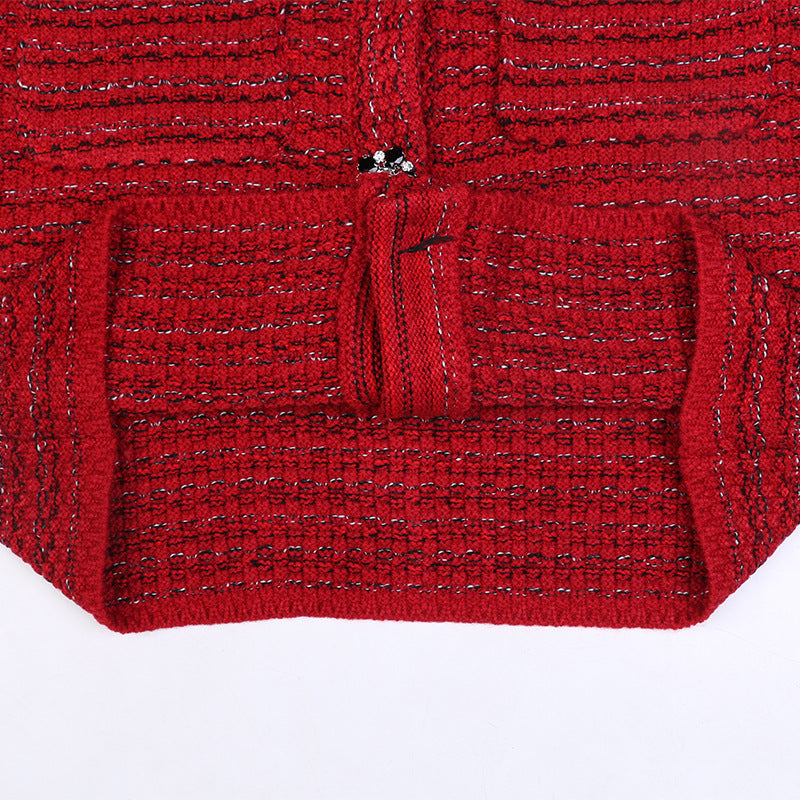 Long Sleeve V-Neck Gold Stripe Slim Mid-Length Red Knit Dress