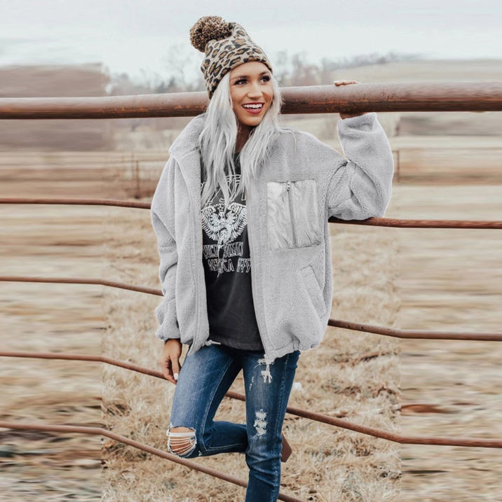 Fashion Women's Zipper Loose Thick Woolen Coat