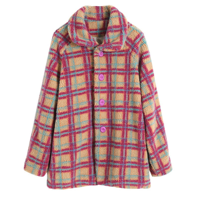 Red and blue plaid lambskin lapel long sleeved silhouette coat