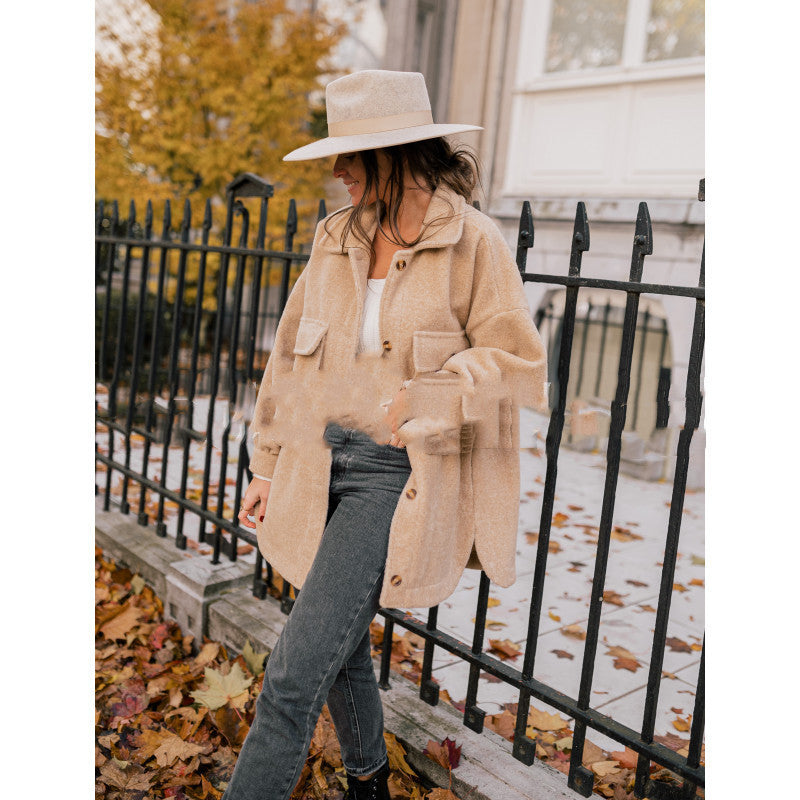 Solid color woolen coat with double pockets