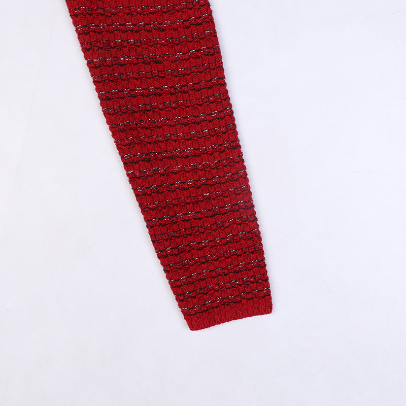 Long Sleeve V-Neck Gold Stripe Slim Mid-Length Red Knit Dress