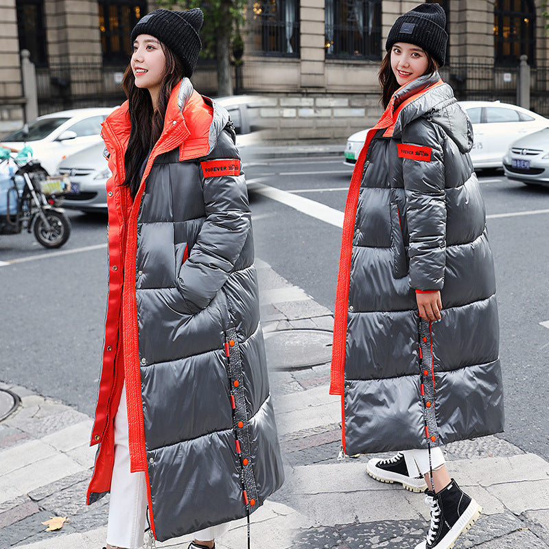 Shiny face down padded jacket women long over the knee