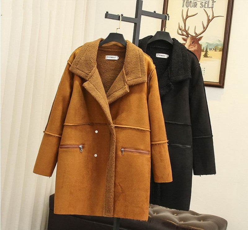 Women's Winter Wear Lapel Padded Warm Lamb Wool Coat Mid-Length Suede Coat Coat