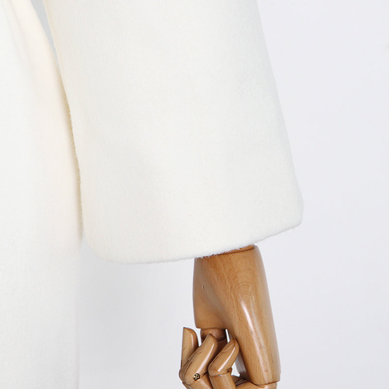 Lapel Waist White Mid-length Woolen Coat