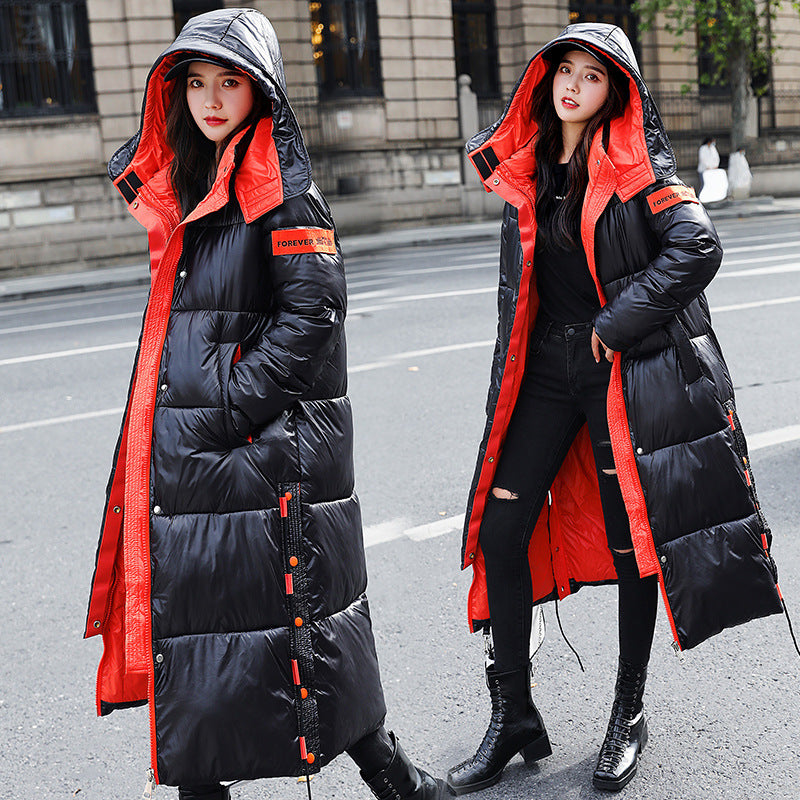 Shiny face down padded jacket women long over the knee