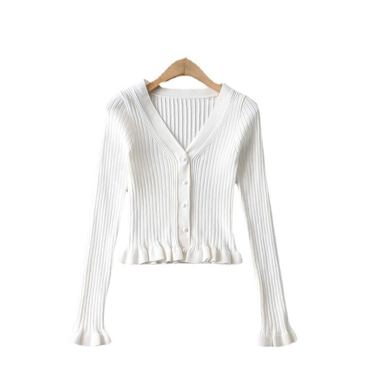 Retro V-neck Tree Fungus-like Lacework Slim Fit Slimming And Short Long Sleeve Base Knitting Cardigan Top