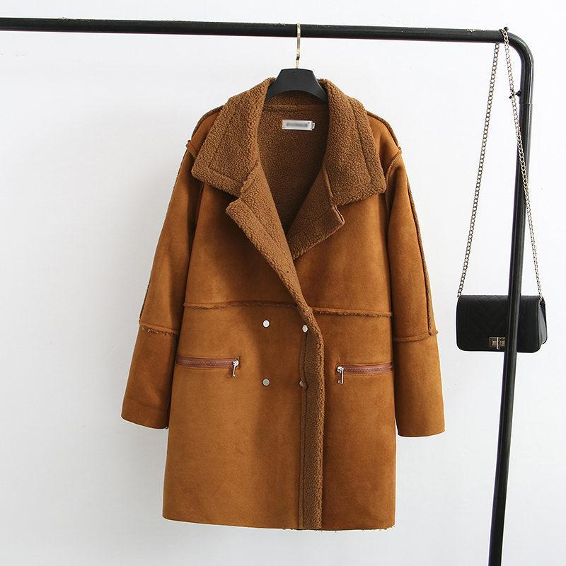 Women's Winter Wear Lapel Padded Warm Lamb Wool Coat Mid-Length Suede Coat Coat