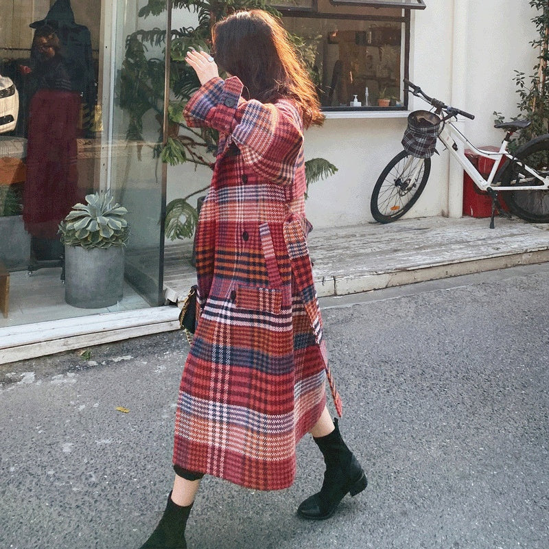 Winter New Plus Size Women's Thick Woolen Retro Check Woolen Coat