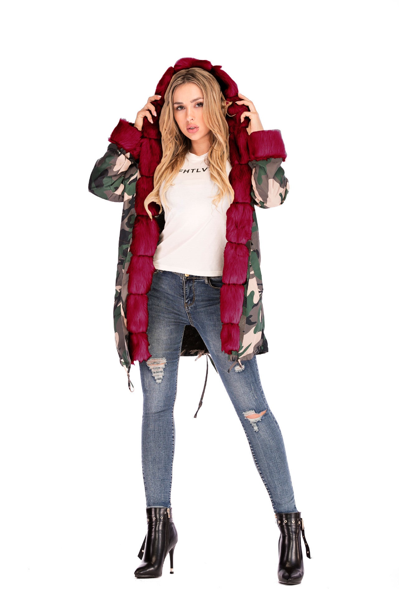 Camouflage plush fur collar warm cotton jacket