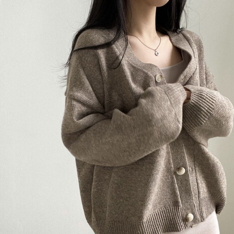Retro V-neck Buckle Loose Leisure All-matching Long Sleeve Thick Knitted Cardigan Coat For Women
