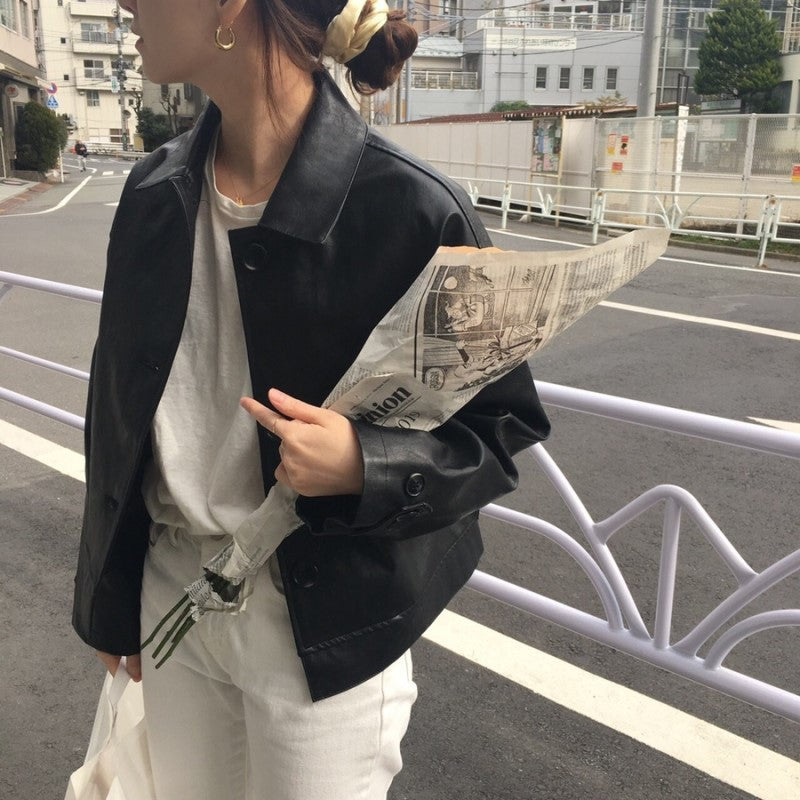 Handsome Retro Simple Casual Loose All-match Solid Color Matte Leather Jacket