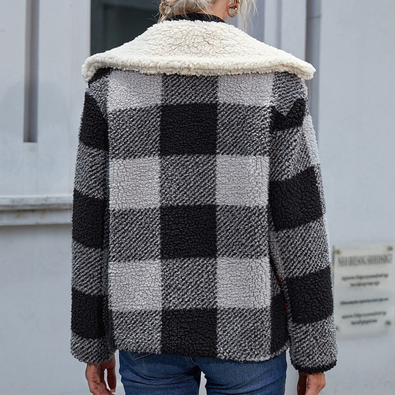 Casual Check Plush Lapel Jacket Lamb Fleece Check Pocket Top