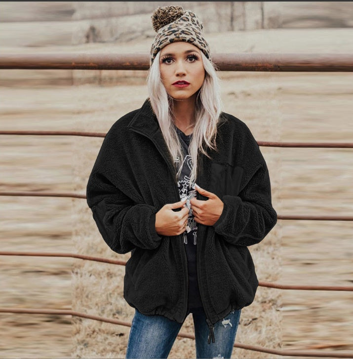 Fashion Women's Zipper Loose Thick Woolen Coat