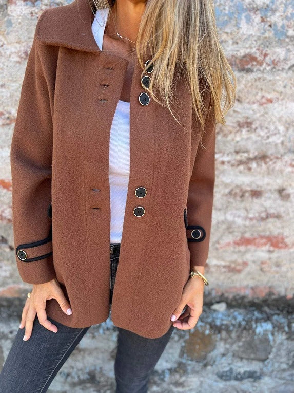 Solid Color Polo Collar Single-breasted Long Sleeve Coat