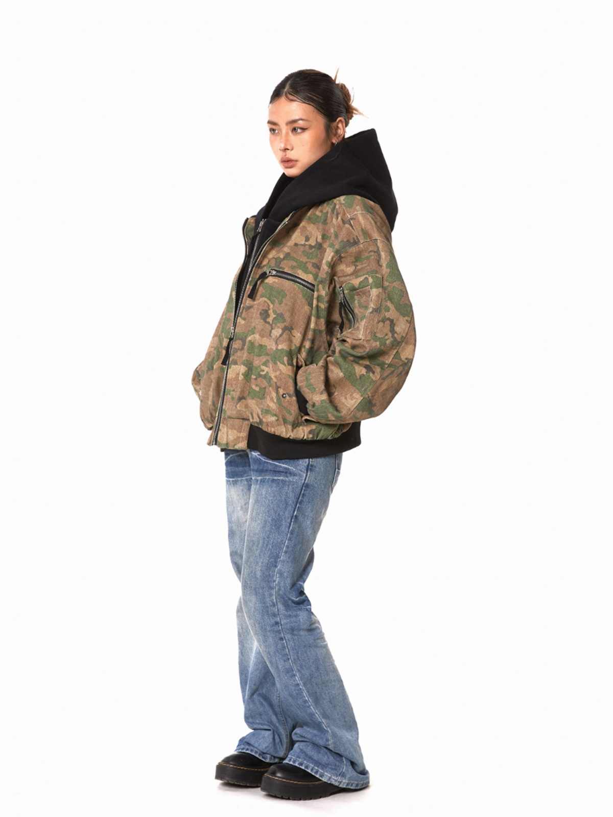Retro Workwear Camouflage Coat Women Fake Two Pieces Loose Jacket