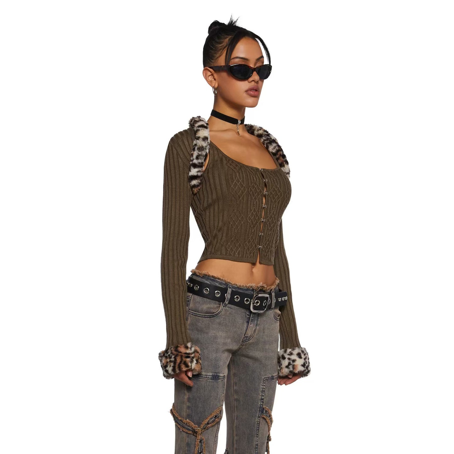 Slim-fit Fleece Patchwork Knitting Top Two-piece Set