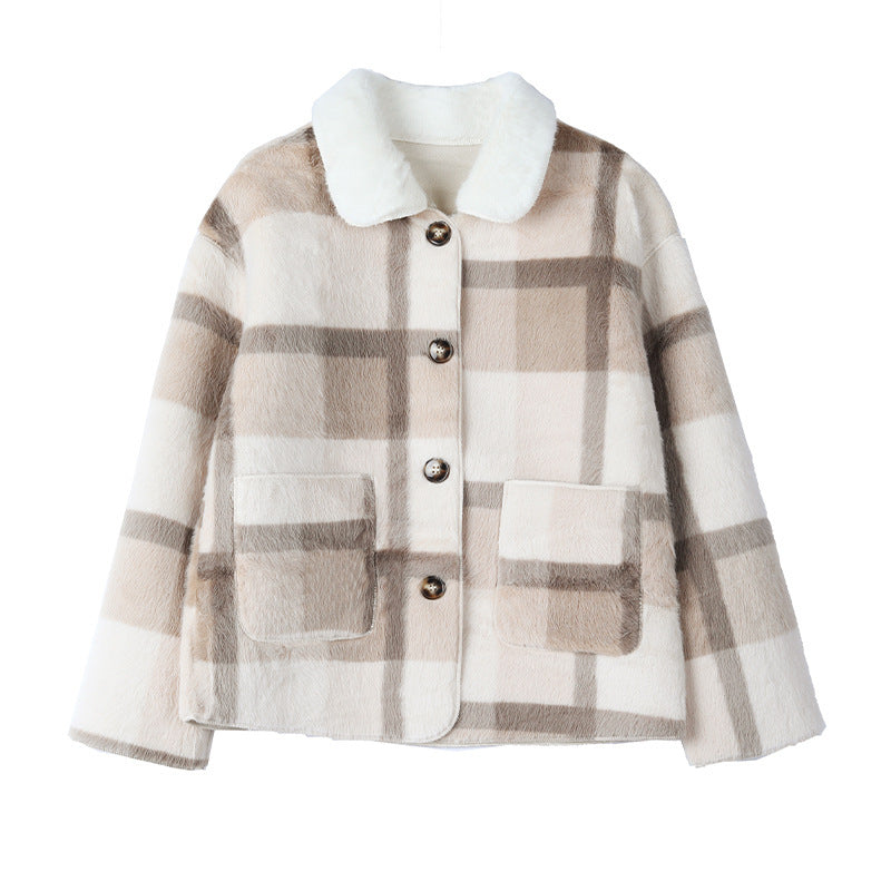 Plaid Fur Integrated Woolen Mink Velvet Coat