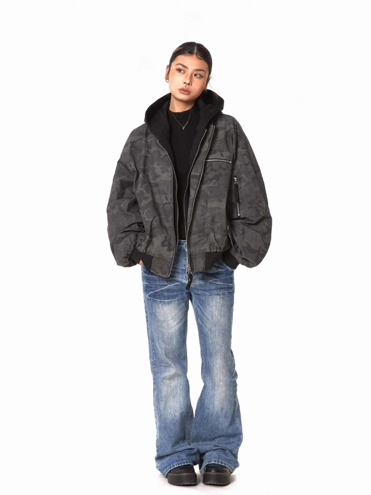 Retro Workwear Camouflage Coat Women Fake Two Pieces Loose Jacket