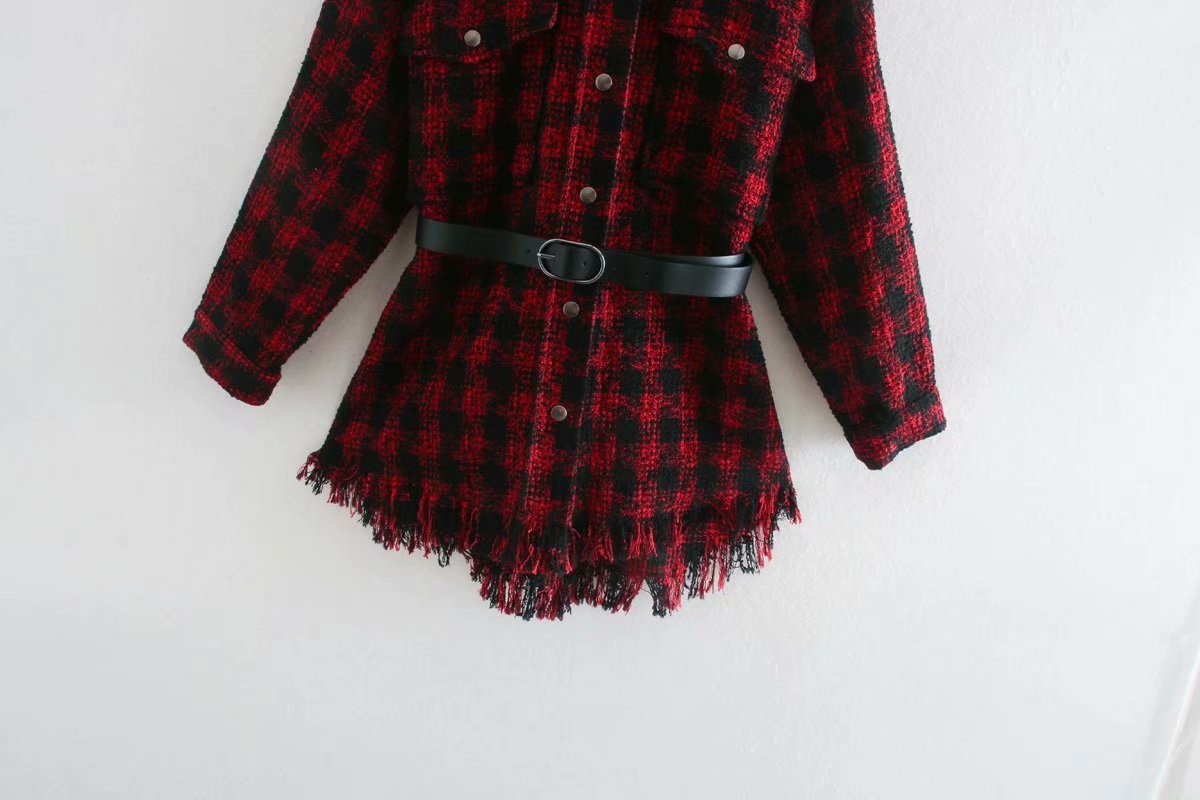 Summer Foreign Trade Wholesale Women's Assembly Belt Red Plaid Shirt Jacket
