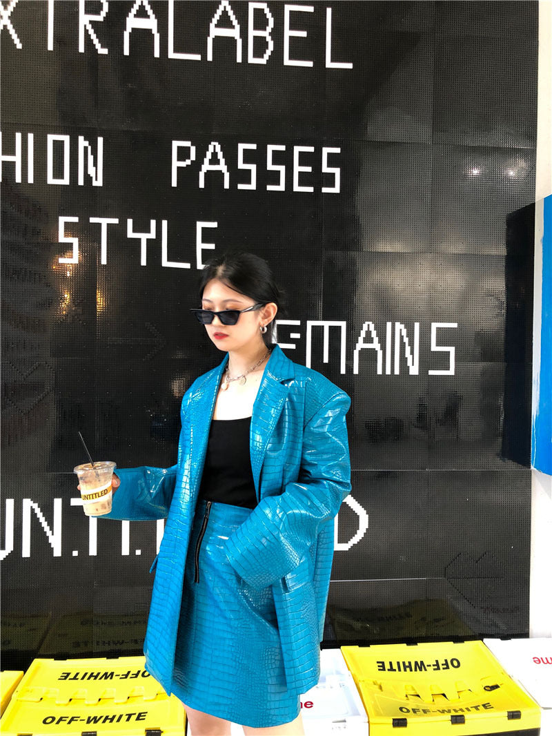 Korean blue pattern loose shoulder leather jacket