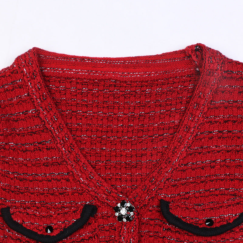 Long Sleeve V-Neck Gold Stripe Slim Mid-Length Red Knit Dress